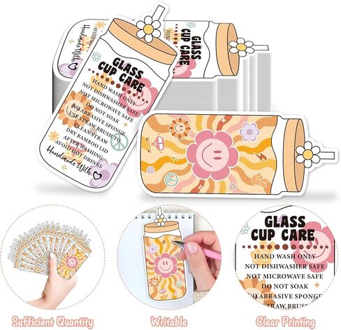 BOpusail 200 قطعة من بطاقات تعليمات العناية بالأكواب، كوب بهلوان، بطاقة تذكير للتنظيف، تصميم موجة الزهور، زجاجة مياه زجاجية للأعمال، بطاقات توجيهات العميل، إدراج حزمة المتجر in Kuwait
