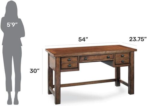 مكتب كتابة تنفيذي من Home Styles Tahoe Aged Maple مع درجين ملحقين على كل جانب، ودرج مركزي منسدل، وصينية لوحة مفاتيح، ومقابض برونزية عتيقة، بني in Saudi Arabia