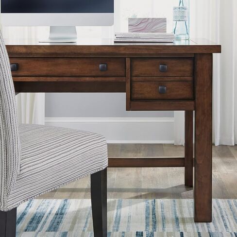 مكتب كتابة تنفيذي من Home Styles Tahoe Aged Maple مع درجين ملحقين على كل جانب، ودرج مركزي منسدل، وصينية لوحة مفاتيح، ومقابض برونزية عتيقة، بني in Saudi Arabia