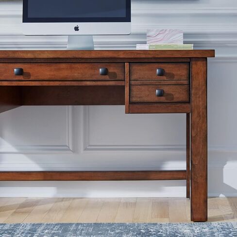 مكتب كتابة تنفيذي من Home Styles Tahoe Aged Maple مع درجين ملحقين على كل جانب، ودرج مركزي منسدل، وصينية لوحة مفاتيح، ومقابض برونزية عتيقة، بني in Saudi Arabia