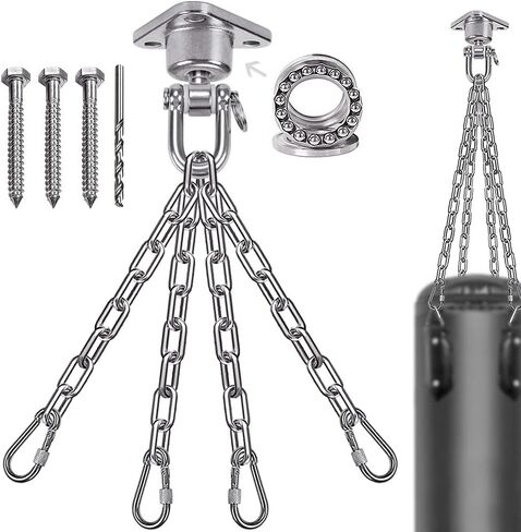 سلسلة كيس ملاكمة شديدة التحمل، مصنوعة من الفولاذ المقاوم للصدأ ومضادة للصدأ، أرجوحة 180 درجة، دوران 360 درجة، حامل دوار صامت مع 4 سلاسل و4 حلقات تسلق، سعة 850 رطل (3 براغي للخشب) in Kuwait