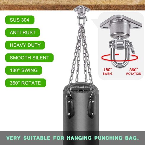سلسلة كيس ملاكمة شديدة التحمل، مصنوعة من الفولاذ المقاوم للصدأ ومضادة للصدأ، أرجوحة 180 درجة، دوران 360 درجة، حامل دوار صامت مع 4 سلاسل و4 حلقات تسلق، سعة 850 رطل (3 براغي للخشب) in Kuwait