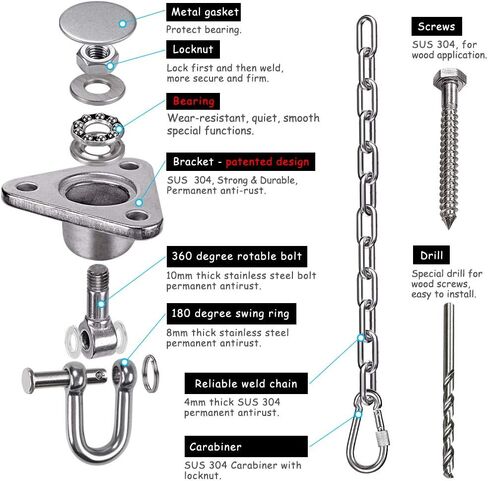 سلسلة كيس ملاكمة شديدة التحمل، مصنوعة من الفولاذ المقاوم للصدأ ومضادة للصدأ، أرجوحة 180 درجة، دوران 360 درجة، حامل دوار صامت مع 4 سلاسل و4 حلقات تسلق، سعة 850 رطل (3 براغي للخشب) in Kuwait
