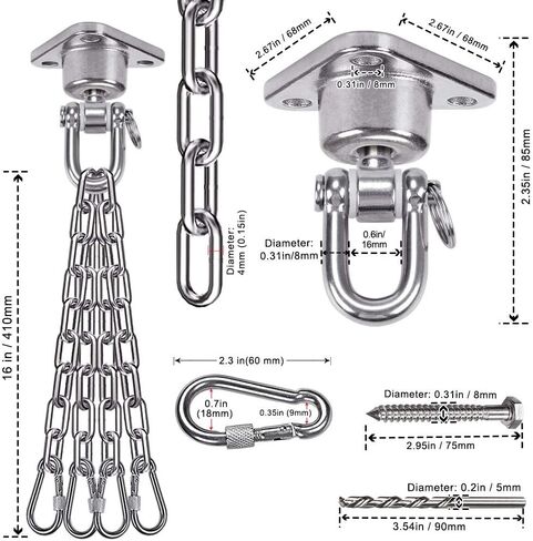 سلسلة كيس ملاكمة شديدة التحمل، مصنوعة من الفولاذ المقاوم للصدأ ومضادة للصدأ، أرجوحة 180 درجة، دوران 360 درجة، حامل دوار صامت مع 4 سلاسل و4 حلقات تسلق، سعة 850 رطل (3 براغي للخشب) in Kuwait