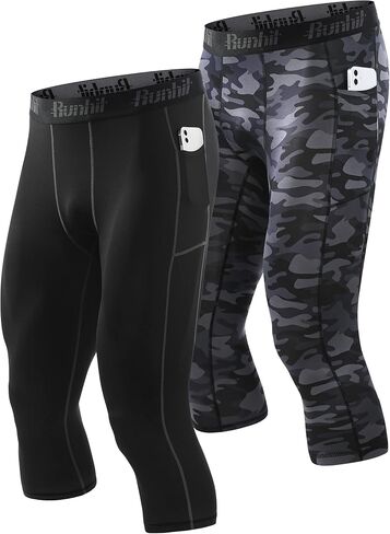 Runhit 3/4 Men's Compression Pants with Pockets,Workout Athletic Tights Leggings Athletic Base Layer Underwear in Saudi Arabia