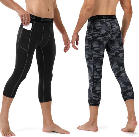Runhit 3/4 Men's Compression Pants with Pockets,Workout Athletic Tights Leggings Athletic Base Layer Underwear in Saudi Arabia