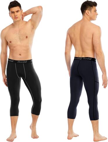 Runhit 3/4 Men's Compression Pants with Pockets,Workout Athletic Tights Leggings Athletic Base Layer Underwear in Saudi Arabia