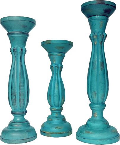 Benjara Handmade Wooden Candle Holder with Pillar Base Support, Set of 3, Turquoise in Saudi Arabia