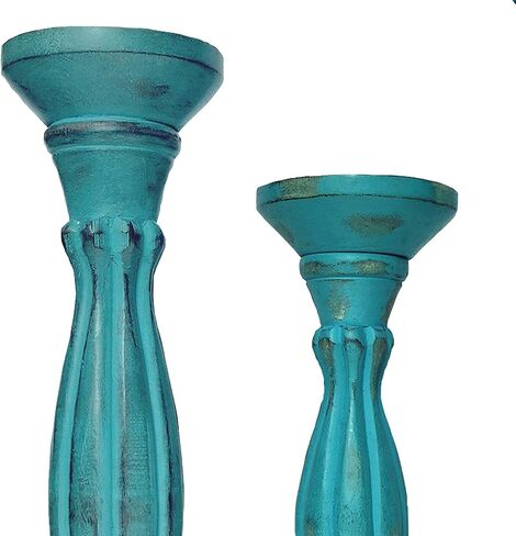 Benjara Handmade Wooden Candle Holder with Pillar Base Support, Set of 3, Turquoise in Saudi Arabia