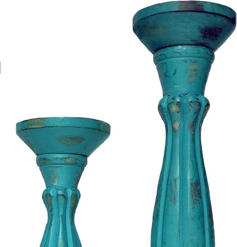 Benjara Handmade Wooden Candle Holder with Pillar Base Support, Set of 3, Turquoise in Saudi Arabia