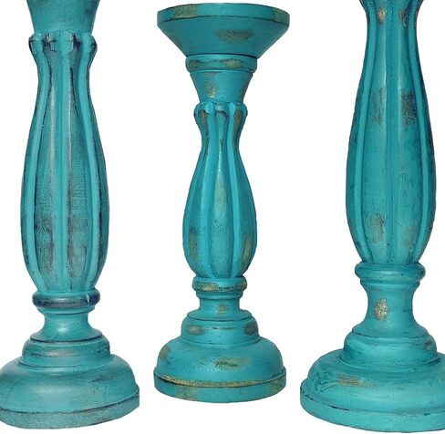 Benjara Handmade Wooden Candle Holder with Pillar Base Support, Set of 3, Turquoise in Saudi Arabia