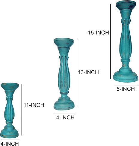 Benjara Handmade Wooden Candle Holder with Pillar Base Support, Set of 3, Turquoise in Saudi Arabia