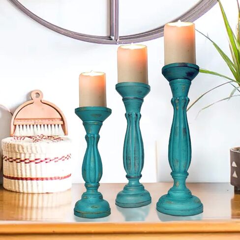 Benjara Handmade Wooden Candle Holder with Pillar Base Support, Set of 3, Turquoise in Saudi Arabia
