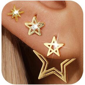 GEORGE · SMITH Geometric earring set for women, Star stud earrings set Suitable for multiple ear piercings 14K gold plated simple Rhombus earrings, front and back earrings for women（3 pairs）