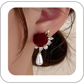 Red Bow Earrings Gold Red Ribbons Bow Flowers Long Tassel Drop Dangle Earrings Dainty Rose Pearl pendant Stud Earrings Velvet Hypoallergenic Pierced Earrings Jewelry Gifts for Women