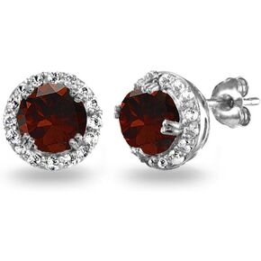 Sterling Silver Genuine, Created or Simulated Gemstone Round Halo Stud Earrings for Women