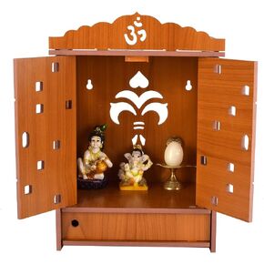 Praha Pooja Mandir for Home Wall Hanging MDF Wooden Temple with Door (Orange)