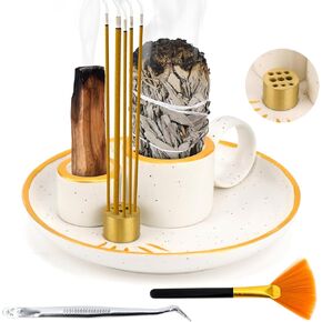 4 in 1 Incense Burner 5.9" Ceramic Incense Holder for Sticks, Palo Santo Holder, Sage Holder for Burning, Ash Catcher Tray for Meditation, Yoga, Relaxation, Home Decor