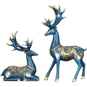 Deer Statue Figurine Wedding Gift Home Decor Crafts Creative Office Livingroom Ornament,2 Pcs/Pair Resin Deer Figurines (Blue)