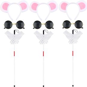 12 Pcs Halloween Blind Mice Costume Set Include Mouse Ears Headbands Gloves Glasses and Folding Canes for Men Women Party Dress Up