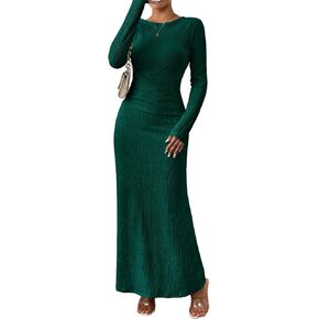 MITILLY Fall Dress for Women 2024 Long Sleeve Maxi Dress Formal Crew Neck Bodycon Ruched Textured Slim Cocktail Party Dress