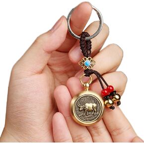 Feng Shui Brass Coins Chinese Zodiac Bull Key Chain for Good Luck Fortune Longevity Wealth Success
