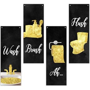Qiwog 4 Pcs Gold Bathroom Decor Wooden Sign, Glam Bathroom Wall Art, Black And Gold Wall Art, Modern Women Funny Wooden Hanging Sign For Washroom Bathroom Restroom Farmhouse Decor, A23