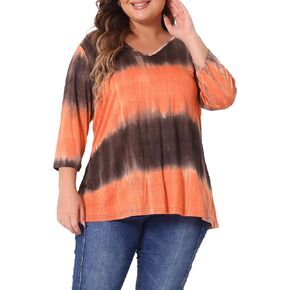 Agnes Orinda Plus Size T Shirt for Women V Neck 3/4 Sleeve Loose Casual Blouse Striped Tie Dye Print Tops