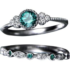 Emerald Zircon Inlay Ring Platinum Plated Women Sapphire size8