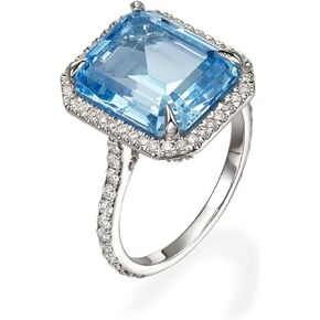 925 Sterling Silver Plated Emerald Shaped Simulated Blue Topaz CZ Halo Engagement Wedding Ring for Women
