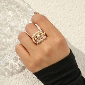 Mnyixsi Fashion Pearl Gold Open Ring for Women, Layers Hollow Design Pearl Promise Statement Ring, AAA Freshwater Cultured Pearl Bridal Engagement Ring, Layers CZ Stone Ring for Valentine's Day