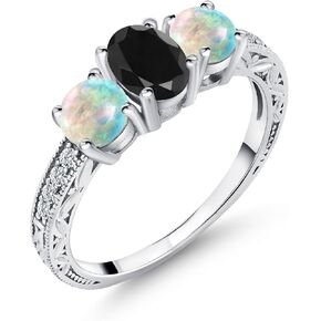 Gem Stone King 925 Sterling Silver Black Sapphire and White Simulated Opal Ring For Women (2.19 Cttw, Available in size 5, 6, 7, 8, 9)