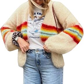 Flygo Fall Cardigans for Women 2024 Color Block Striped Cardigan Sweater Lightweight Open Front Cardigan Sweaters Tops