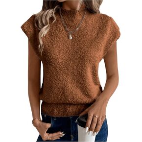 SHENHE Women's Mock Neck Cap Sleeve Knit Sweater Top Fuzzy Casual Sweater Vest Pullover