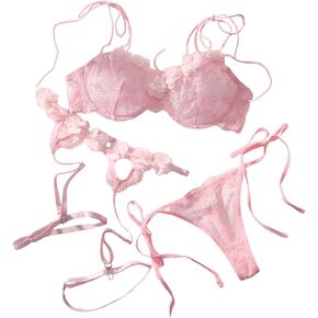 GORGLITTER Women's 3 Piece Floral Applique Lingerie Set Ruffle Lace Bra and Panty Set with Garter