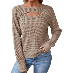 Womens Fall Ladies Dressy Lightweight Casual Crewneck Ribbed Knit Sexy Cut Out Pullover Sweater 2024