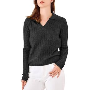 Simple&Opulence Women's Sweater Lapel Collar V Neck Long Sleeve Ribbed Knit Comfy Pullover Polo Loose Casual Jumper Tops