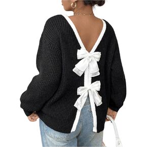 MakeMeChic Women's Plus Size Bow Backless Sweater Long Sleeve Sweaters Chunky Pullover Top