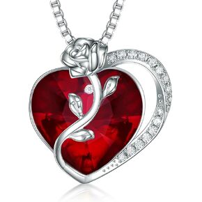 925 Sterling Silver Rose Flower Heart Birthstones Necklace for Women with Austria Crystal, Pendants Gifts, Anniversary Birthday Jewelry Gift for Wife Mom Daily Wear