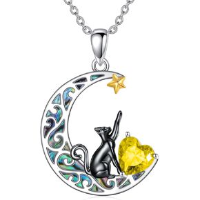 AOBOCO Sterling Silver Black Cat Necklaces for Women with 12 Birthstones Birthday Jewelry for Girlfriend Wife Daughter Mom