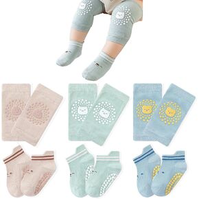 Baby Knee Pads for Crawling (3 Pairs) and Baby Socks for Walking (3 Pairs), Walking Protector For Toddler Girl Boy 1-3