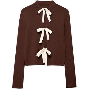 Women Bow Tie Open Front Cardigan Long Sleeve Sweater Pullover Top Casual Knitwear Trendy Fall Winter Cloth