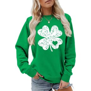 St Patricks Day Sweatshirt, Crewneck Shamrock Sweatshirt Long Sleeve Irish Lucky Four Clover Sweatshirt For Women