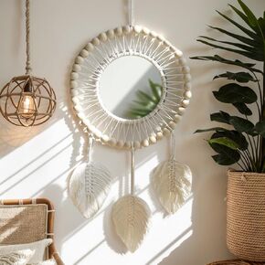Bohemian Round Wall Mirror, Handcrafted with Solid Wood Beads, Tassels, and Shatterproof Acrylic, Natural Cotton and Wood Design for Home Décor, Tassel Edged, Leaft