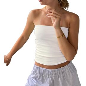 Chloefairy Summer Women's Striped Solid Bandeau Tube Tops Strapless Slim Fit Basic Going Out Crop Top