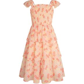 GRACE KARIN Girls Floral Smock Dress Flutter Sleeves Flowing Tiered Layers Spring Summer Midi Holiday Boho Dresses 5-12Y