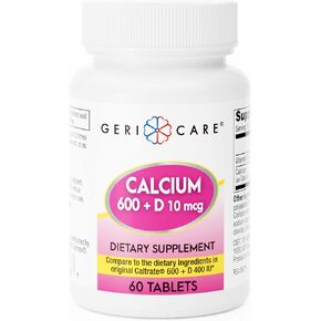 GeriCare Calcium 600mg - Vitamin D 10mcg Tablets - Bone Health - Nutritional Supplement, 60 Count (Pack of 1)