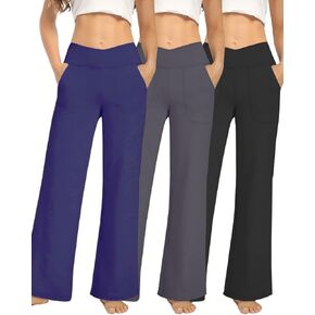 3 Pack Women's Wide Leg Pants Loose Yoga Pants with Pockets Crossover High Waisted Stretch Casual Lounge Pants