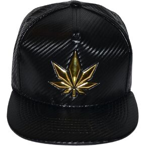 Popfizzy Weed Hat, Gold Leaf Flat Brim Hat, Marijuana Snapback Trucker Cap, PU Leather Pot Leaf Baseball Caps