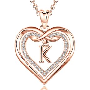 Vito Initial Necklace for Women, Double Heart Cubic Zirconia Letter Pendant, Rose Gold Dainty Alphabet A to Z Necklaces Mother's Day Jewelry Gift for Mom Sister Daughter, 20 Inch Chain